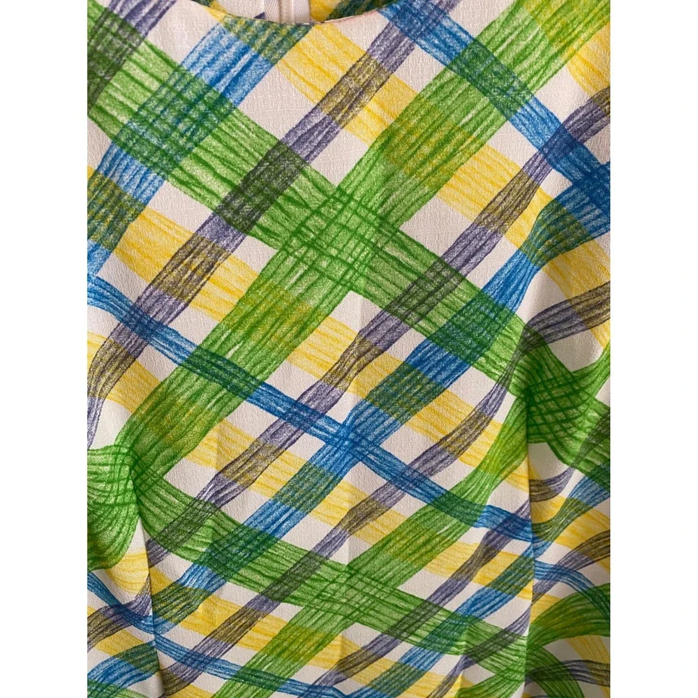 Vintage Mod Plaid Shift Dress Green Yellow‎ Blue Sleeveless Size 11